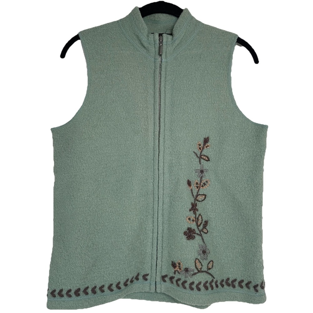 Sigrid Olsen Sport Vest Size Small Green Embroidered Beaded‎ Wool Artsy Grandma
